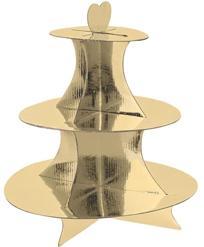 Karton Etagere 34 x 30 cm mit 3 Ablagen - Gold - Servierplatte mit Herz Tragegriff - Dessert Muffin Cupcake Kuchen Platte Servier Papp Ständer von Spetebo