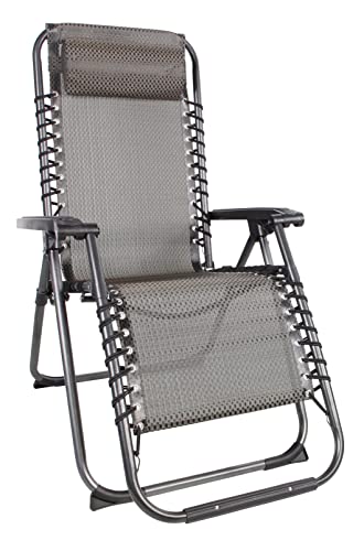 Spetebo Relaxsessel mit Kopfkissen aus Textil Gewebe 175 x 65 cm - grau-braun - Gartenstuhl mit Verstellbarer Rückenlehne und Fußteil - Sonnenliege Hochlehner Gartenliege Liegestuhl klappbar von Spetebo