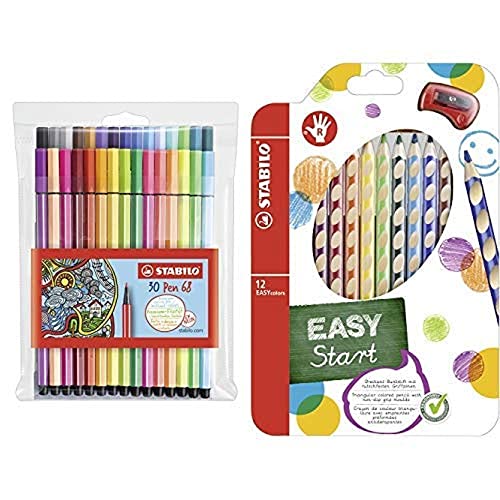 Premium-Filzstift - STABILO Pen 68 - 30er Pack - inklusive 6 Neonfarben und Ergonomischer Buntstift für Rechtshänder - STABILO EASYcolors - 12er Pack mit Spitzer von STABILO