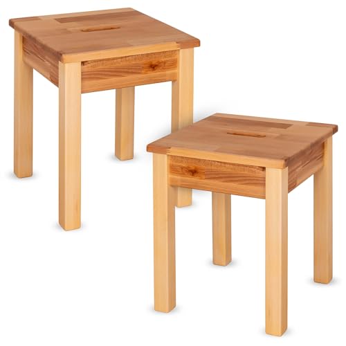 Staboos 2er massiv Holzhocker Doc mit Eingriff bis 150 kg - Buche Sitzhocker aus Holz - Kernbuche Natur - Hocker als Nachttisch nutzbar - 35 x 35 x 45cm von Staboos