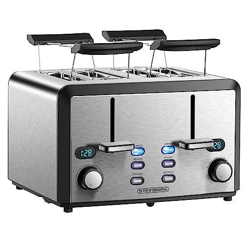 XXL Toaster 4 Toastschlitze | Toastautomat | 1600 Watt | 6-Stufen Bräuneregler | 2x Brötchenaufsatz | Auftau-Funktion | 2x Krümelschubladen | Edelstahl | 4-Fach | LED Displays von Steinborg