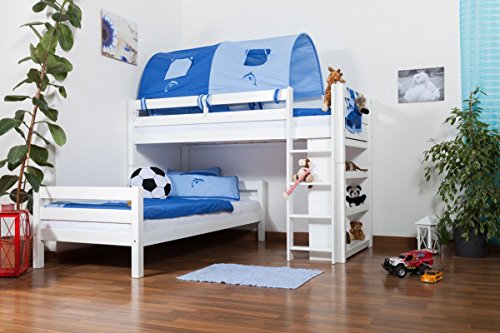 Kinderbett Etagenbett Moritz L Buche Vollholz massiv weiß lackiert mit Regal, inkl. Rollrost - 90 x 200 cm, teilbar von Steiner Shopping