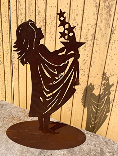 Gartenfigur Sterntaler Mädchen fängt Sterne 64cm auf Platte Edelrost Gartendeko Wetterfest Rost Metall Rostfigur von Steinfigurenwelt von STEINFIGURENWELT GIEBEN