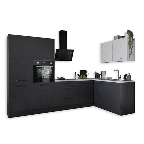 NEW YORK Moderne Eckküche ohne Elektrogeräte in Graphit Schwarz, Marmor Optik FSC-zertifiziert - Geräumige Küchenzeile in L-Form - 320 x 210 x 60 cm (B/H/T) von Stella Trading