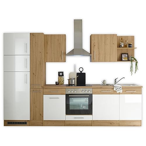 EMIL 310 Moderne Küchenzeile ohne Elektrogeräte in Artisan Eiche Optik, Weiß Hochglanz - Geräumige Einbauküche mit Stauraum - 310 x 211 x 60 cm (B/H/T) von Stella Trading