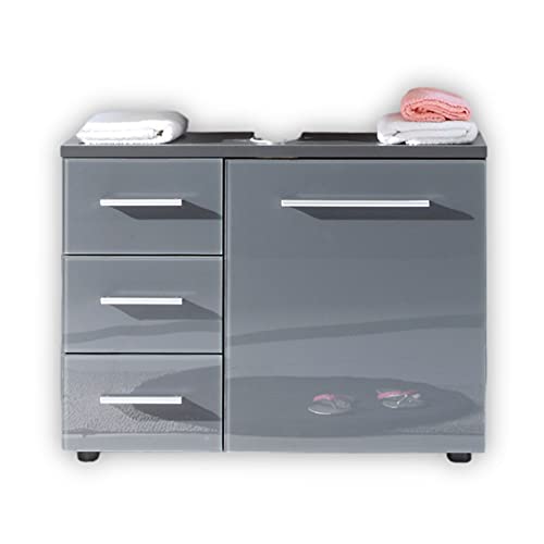 Stella Trading GREY Badezimmer Waschbeckenunterschrank in Grau mit Glasfront-Bad Unterschrank Badezimmerschrank mit 3 Schubladen, Glas von Stella Trading