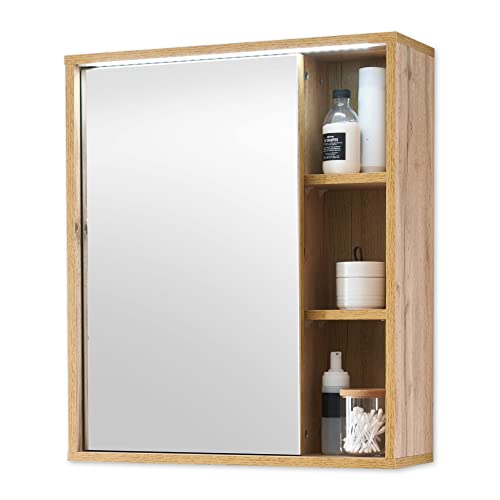 Stella Trading Spiegelschrank Bad mit LED-Beleuchtung in Wotan Eiche Optik - Badezimmerspiegel Schrank mit viel Stauraum - 60 x 70 x 20 cm (B/H/T) von Stella Trading