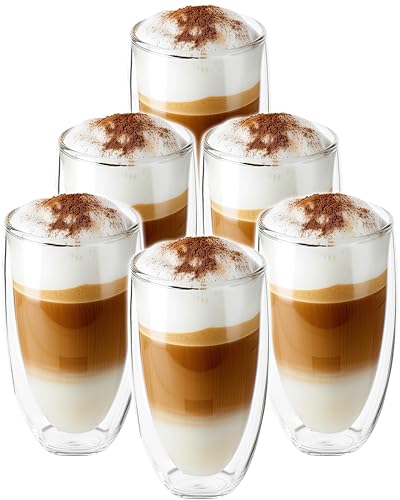 Latte Macchiato Gläser doppelwandig 450ml Cappuccino Tassen - aus Borosilikatglas - Spülmaschinenfeste Teegläser Kaffeetassen Set - Thermogläser (6er Set) von Stephans Möbelbörse