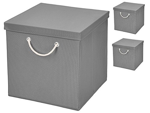 Stick&Shine 3er Set Hellgrau Faltbox 30 x 30 x 30 cm Aufbewahrungsbox faltbar mit Kordel und mit Deckel von Stick&Shine