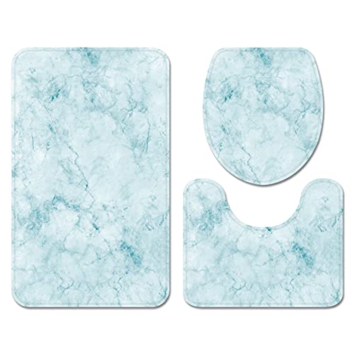 Badezimmer Teppich Set Anti-Rutsch für Memory-Schaum Badematte Toilettenabdeckung 3-teilig, 3D Marmor Muster Flanell U-förmiger Konturteppich, Fußmatte, Deckelabdeckung (Blau,40×60 cm 3PCS) von Sticker Superb.