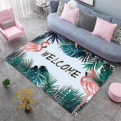 Tropical Green Leaf Flamingo Teppich, Wohnzimmerteppich, rutschfester Schlafzimmer-Nachttisch, Kinderspielteppich, Badezimmermatte, Innen- und Außen-Teppichmatten (Farbe 3,120 x 160 cm) von Sticker Superb.
