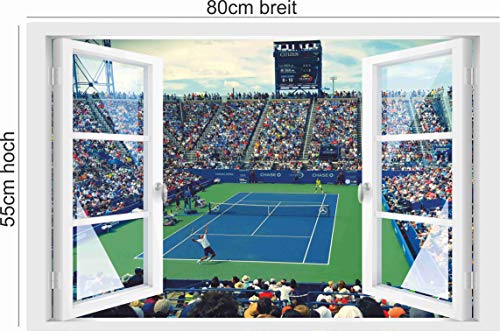 Skins4u Fenster 3D Optik Wandtattoo Wandbild Aufkleber 80x55cm Dekoration Bild Foto Tapete 80x55cm Motiv Center Court Tennis von Stickerkoenig