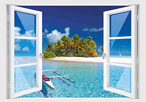Skins4u Fenster 3D Optik Wandtattoo Wandbild Aufkleber 80x55cm Dekoration Bild Foto Tapete 80x55cm Motiv Insel Traum von Stickerkoenig