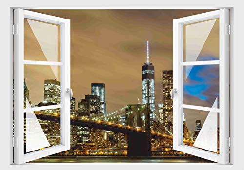 Skins4u Fenster 3D Optik Wandtattoo Wandbild Aufkleber 80x55cm Dekoration Bild Foto Tapete 80x55cm Motiv New York bei Nacht von Stickerkoenig
