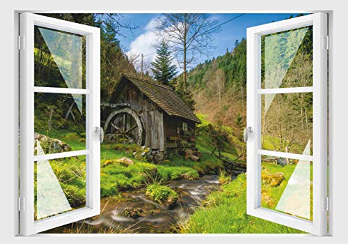 Skins4u Fenster 3D Optik Wandtattoo Wandbild Aufkleber 80x55cm Dekoration Bild Foto Tapete 80x55cm Motiv Schwarzwald Mühle Bach von Stickerkoenig