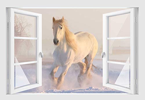 Skins4u Fenster 3D Optik Wandtattoo Wandbild Aufkleber 80x55cm Pferd im Schnee von Stickerkoenig
