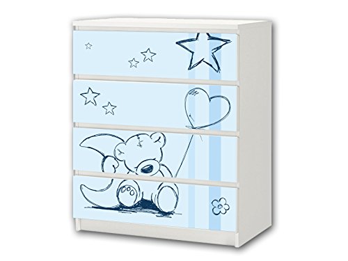 Stikkipix Teddy blau Möbelsticker/Aufkleber - M4K18 - passend für die Kommode mit 4 Fächern/Schubladen MALM von IKEA - Bestehend aus 4 passgenauen Kinderzimmer Möbelfolien (Möbel Nicht inklusive) von Stikkipix