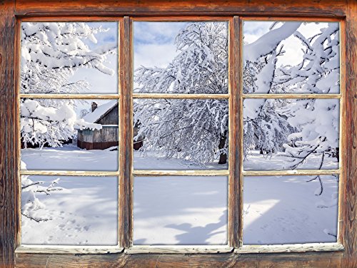 Stil.Zeit Möbel Winterlandschaft mit Hütte Fenster 3D-Wandsticker Format: 62x42cm Wanddekoration 3D-Wandaufkleber Wandtattoo von Stil.Zeit