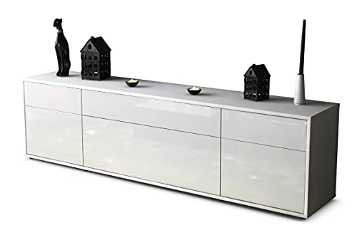 Stil.Zeit Lowboard Bryson, Korpus Weiss matt, Front Hochglanz-Design Weiß (180x49x35cm) Push-to-Open Technik & Leichtlaufschienen von Stil.Zeit