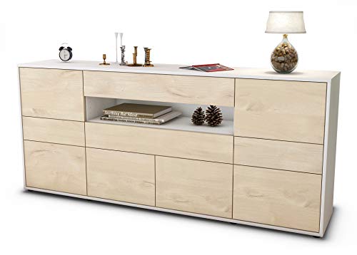 Stil.Zeit Sideboard Emerelda, Korpus Weiss matt, Front Holz-Design Zeder (180x79x35cm) Push-to-Open Technik & Leichtlaufschienen von Stil.Zeit