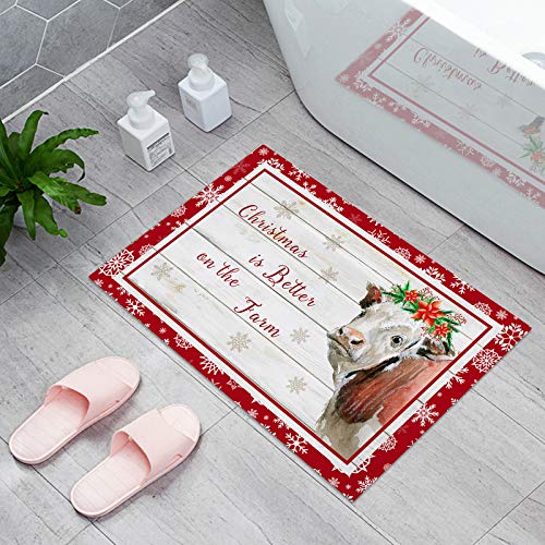 Country Cow With Poinsettia Garland Welcome Indoor Door Mats,Non Skid Bath Rugs Entrance Doormat Christmas Texts On Wood Board Thin Floor Carpet Mat For Indoor Outdoor Home Garden 50x80cm von Strunt