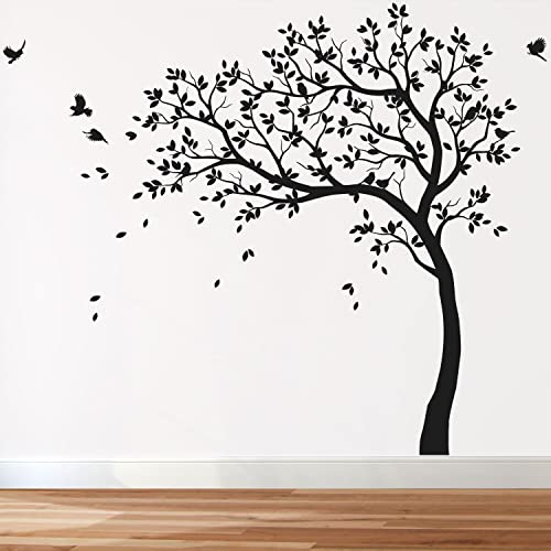 Großer Baum Wandaufkleber Kinderzimmer Wand Baum Aufkleber mit Vögeln Baum Wandsticker Wandtattoo Vinyl Wanddekor KW032 (Äste nach links, Alles in Schwarz) von Studio Quee