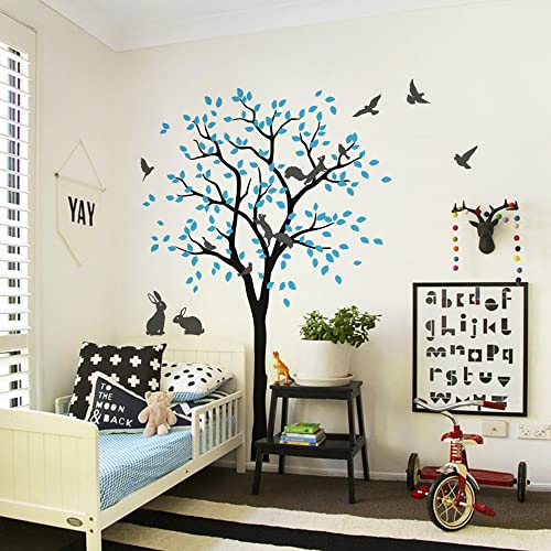 Großer Baum Wandaufkleber mit Vögeln, Eichhörnchen und Kaninchen Hasen Kinderzimmer Wanddekoration 095 (Schwarz, Eisblau, Dunkelgrau) von Studio Quee