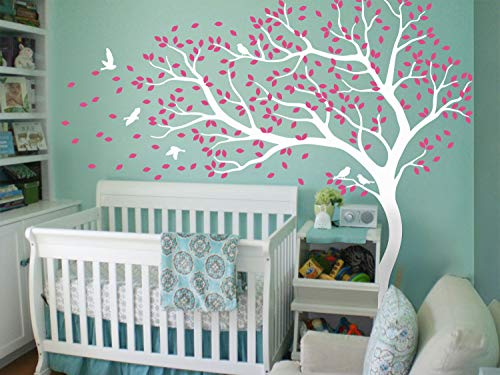 Großer baum wandtattoo kinderzimmer wandaufkleber wandsticker dekor Baum im windschiefen wandbild 098 (Weiß, Pink) von Studio Quee