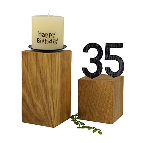 SünGross 2er Set Edelholz Leuchter 7x7x8 cm und 9x9x10cm, Oberfläche Eiche geölt, mit Zahlen aus Metall und Kerze Happy Birthday 6cm und Metall Kerzenteller, zum 35. Geburtstag von SünGross