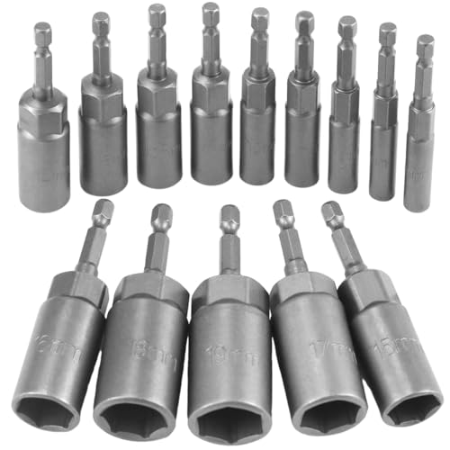 14 Stück Stecknuss Vertiefung Sechskant Bit Set,6-19mm Steckschlüsseleinsätze, Steckschlüssel, Verarbeitungstiefe 34mm Stecknüsse, für Akkuschrauber, Schrauber, Anschrauben Schraubenschlüssel von Suevut