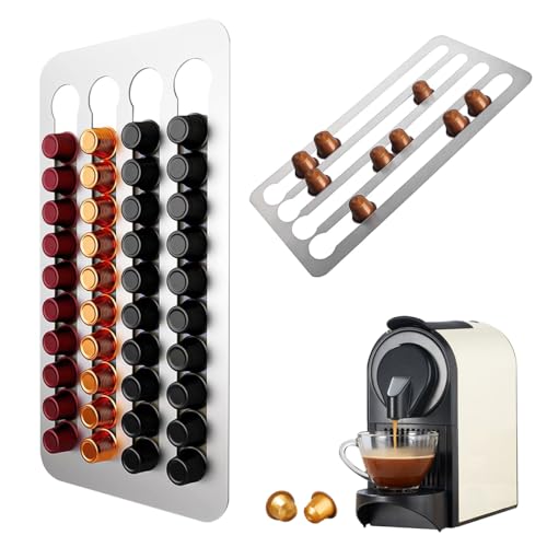 Suevut Kaffeekapseln Aufbewahrung für Nespresso Kapselhalter Wand,40.5x22cm Edelstahl Coffee Capsule Holder,3M Klebestreifen Kapselständer,4 Rows für 40 Kaffeekapseln Ohne Bohren Halter von Suevut