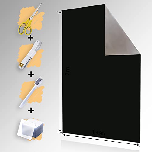 Fenster Verdunklung | 3m x 1,45m Verdunklungsstoff | Verdunklungsfolie | Ohne Bohren | mit 24 Nano Pads | Lichtundurchlässig | Thermobeschichtung (Schwarz) von Sunce24