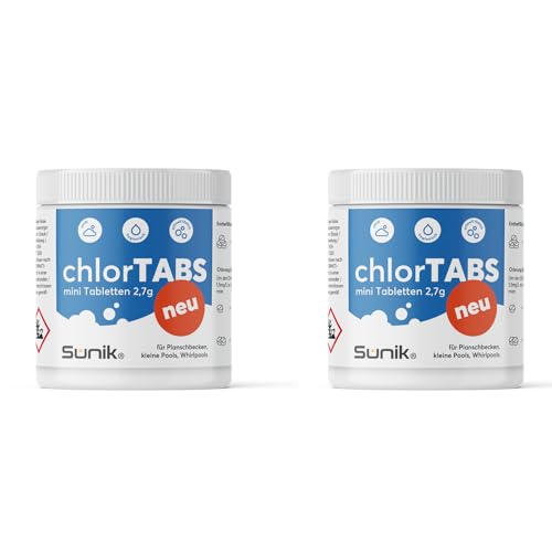 Sunik® Chlortabletten Pool Mini 2,7g - Chlor Tabs Mini schnelllöslich speziell für Aufstellpool, Planschbecken, Chlor für Kinderpool- Whirlpool, Wasserpflege für Pools & whirlpools - 972g Dose von Sunik