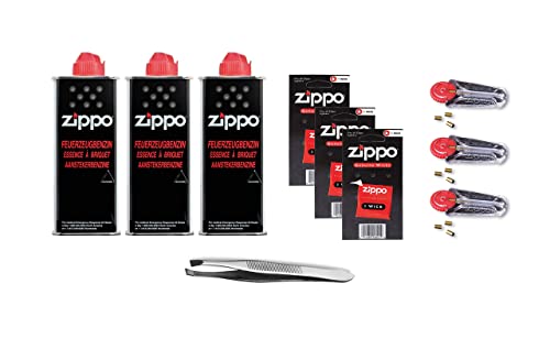 Zippo Zubehör Set 5 enthält 3X Benzin, 3X Dochte, 3X Feuersteine und eine Pinzette von Bluecool