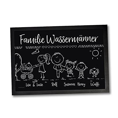 Fußmatte - Willkommen Familie - Kinder, Eltern, Oma, Opa, Hund + Katze Personalisiert mit Strichmännchen und Wunschname (75 x 50 cm Gr3) von Sunnywall