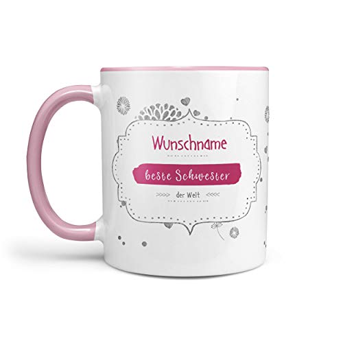 Sunnywall® Tasse Wunschname Beste Schwester der Welt Kaffeebecher rosa individuell Lieblingstasse Geburtstags-Tasse personalisiert Geschenk-Tasse inkl. Geschenkkarte von Sunnywall