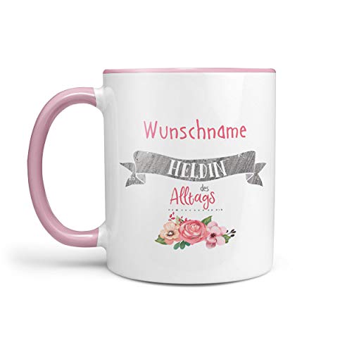 Sunnywall® Tasse Wunschname Heldin des Alltags Kaffeebecher rosa individuell Lieblingstasse Geburtstags-Tasse personalisiert Geschenk-Tasse inkl. Geschenkkarte von Sunnywall