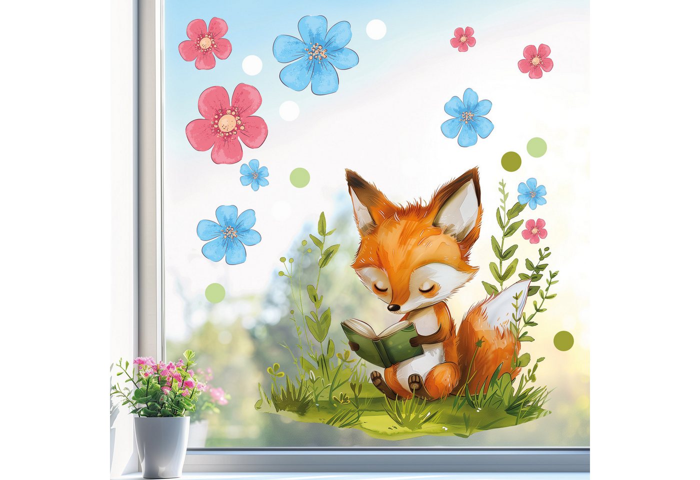 Sunnywall Fensterdekoration wiederverwendbares Fensterbild Buch lesender Fuchs im Blumenmeer, wiederverwendbar, statisch haftend, beidseitiger Druck, nachhaltig von Sunnywall