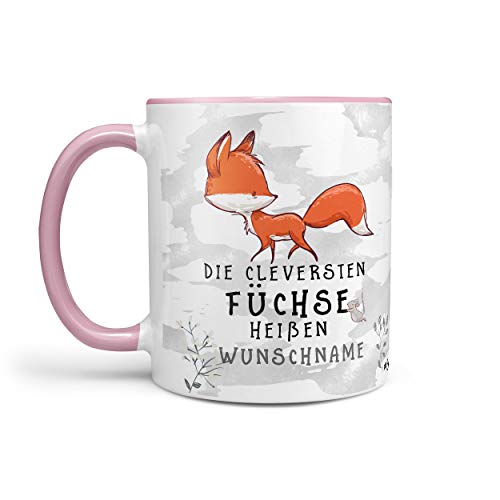 Sunnywall Fuchs-Tasse Kaffeebecher Wunsch-Tasse Geburtstags-Tasse Geschenk-Tasse schwarz inkl. gratis Geschenkkarte Der cleversten Füchse heißen Wunschname (rosa) von Sunnywall