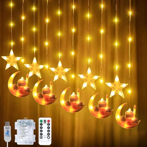 Sunshine smile Lichterkette Mond Sterne,Ramadan Licht Stern Mond Lichterketten,138 LED Star Moon Vorhang Lichterkette,8 Modi Lichtervorhang USB & Batterie Betriebene mit Fernbedienung von Sunshine smile