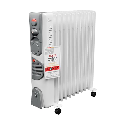 SUNTEC Ölradiator Heat Safe 2500 Watt max | elektrische Heizung mit integriertem Heizlüfter und Thermostat | sehr energiesparend mit 3 Heizstufen und 11 Rippen für Räume bis 25 qm | mobile Rollen von Suntec Wellness