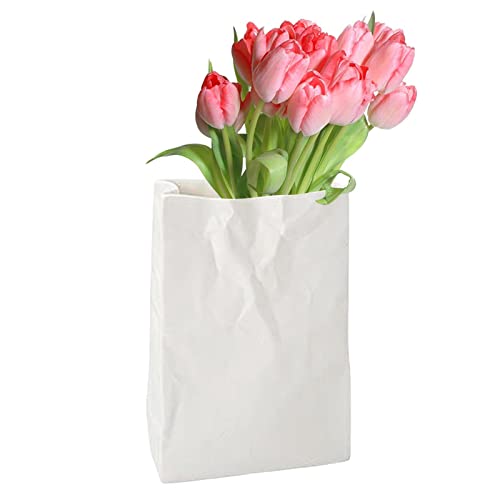 Knistern Papier Tütenvase, 2023 Neue Crinkle Paper Bag Keramikvase Tütenvase Keramik Buchblumenvase für Blumenarrangements, dekoratives Bücherregal, 14x20cm von Supatmul