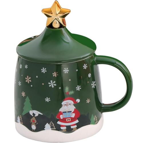 SuperglockT Süße Weihnachten Kaffeetasse 400ml Weihnachtstasse Trinkbecher mit Deckel und Löffel Cartoon Weihnachtsmotiv Muater Milchbecher für Frauen Freundin Kollege Mutter (Grün) von SuperglockT