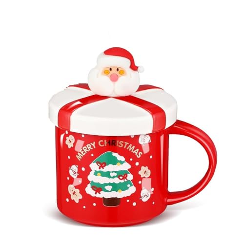 SuperglockT Weihnachtsbecher Weihnachtliche Kaffeetasse mit Deckel und Löffel 400ml Keramik Weihnachtstasse Porzellanbecher Weihnachtsmotiv Trinkbecher Bürotasse Geschenkidee (Weihnachtsbaum-Muster) von SuperglockT