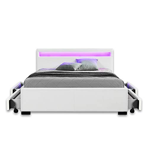 LED Leder Bett Amsterdam WEISS modernes Bett mit LED-Beleuchtung + inklusive Lattenrahmen / Lattenrost + mit praktischer Bettkasten / Schubladen Stauraum Polsterbett Jugendbett günstig (180x200 cm) von Supply24 since 2004