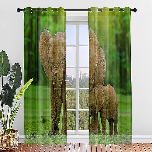 Surwin 3D Elefanten Gardinen mit Ösen, 2er Set Drucken Vorhänge, Modern Transparent Vorhänge Wohnzimmer Polyester Gardinen Küche Fenster Wohnzimmer Schlafzimmer (140x275cm,Grasland) von Surwin