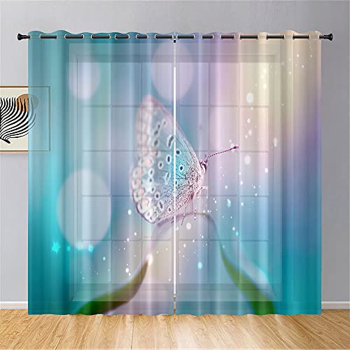 Surwin Voile Gardinen Schmetterling Drucken Vorhänge Transparent Vorhang 2er Set, Gardinen mit Ösen 3D Fenstergardinen für Wohnzimmer, Schlafzimmer, Küche (132x244cm,Verträumter Schmetterling) von Surwin