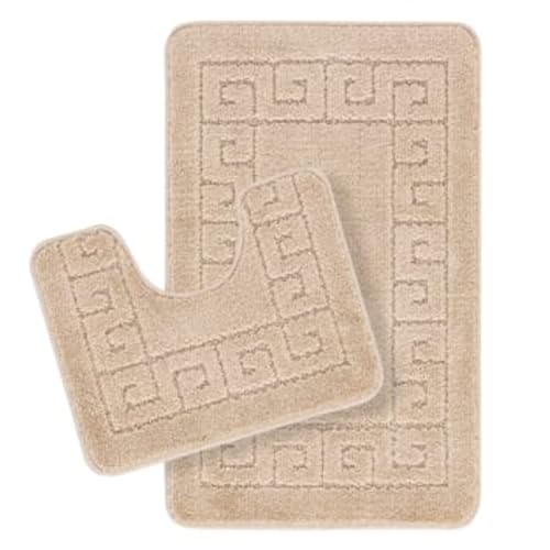 Surya Badezimmerteppich Set 2 Teilig - Badvorleger rutschfest Waschbar - Badteppich Set, enthält waschbare, saugfähige WC Vorleger für Bad, Dusche und Fußmatte, Badematte Beige, 50x80cm von Surya