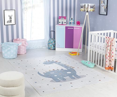 Surya Dinosaurier Kinderteppich - Cartoon Teppich Kinderzimmer oder Babyzimmer, Kinderzimmerteppich, Krabbelteppich oder Spielteppich - Baby Teppich für Jungen & Mädchen, Creme und Grau 160x213cm von Surya