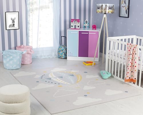 Surya Heissluftballon Kinderteppich - Cartoon Teppich, Teppich Kinderzimmer oder Babyzimmer, Kinderzimmerteppich, Krabbelteppich oder Spielteppich - Baby Teppich für Jungen & Mädchen, Grau 80x150cm von Surya